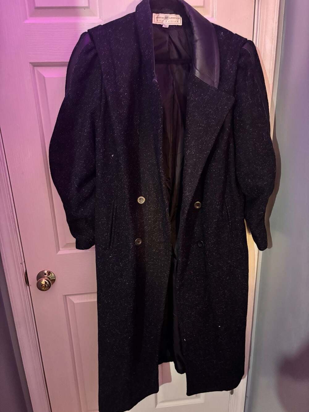 Vintage Maggie Lawrence Collection Wool Blend Maxi Trench Coat Leather Collar 16